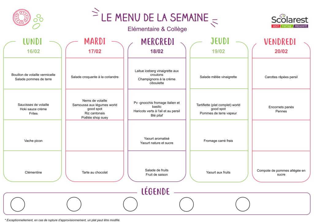 Menu Primaire et Collège du 16 au 20 février