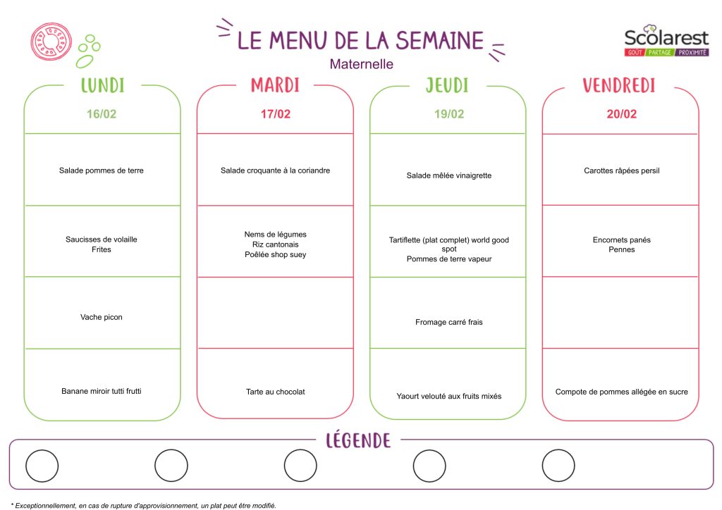 Menu Maternelle du 16 au 20 février