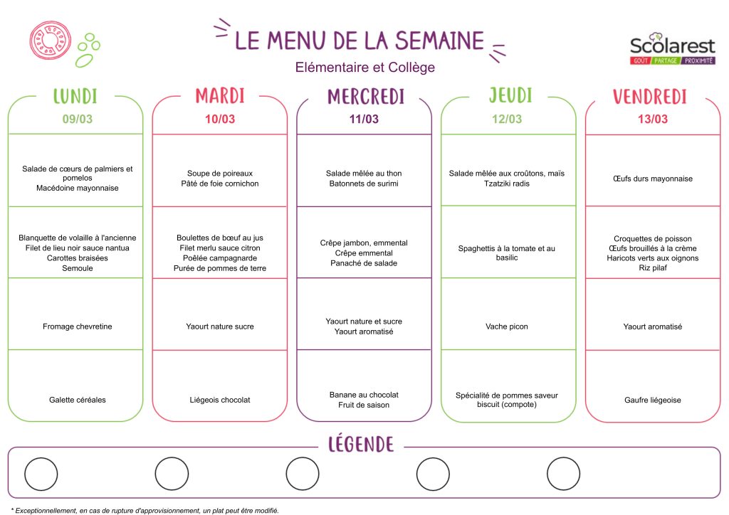 Menu Elémentaire et Collège du 9 au 13 mars