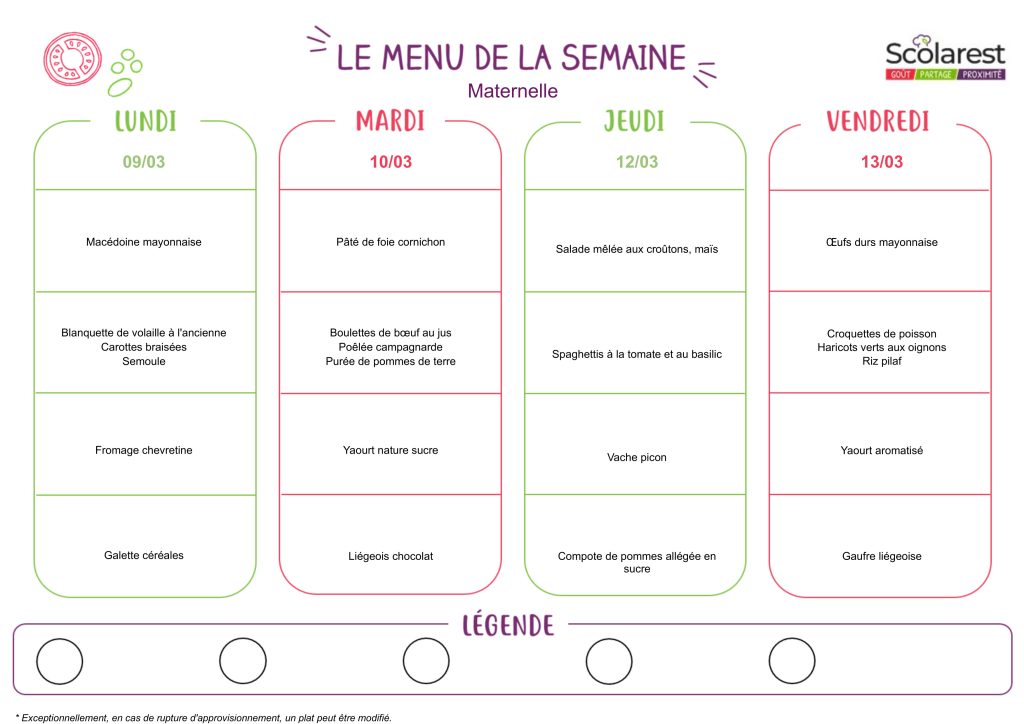 Menu Maternelle du 9 au 13 mars