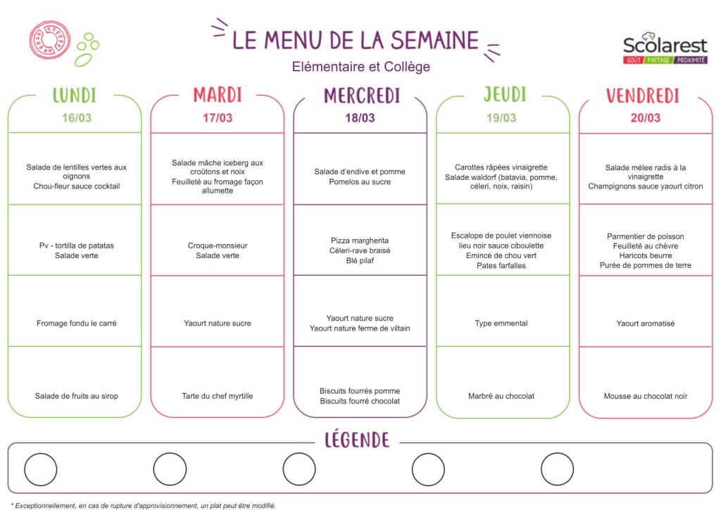 Menu Élémentaire et Collège du 16 au 20 mars