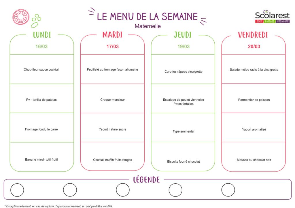 Menu Maternelle du 16 au 20 mars