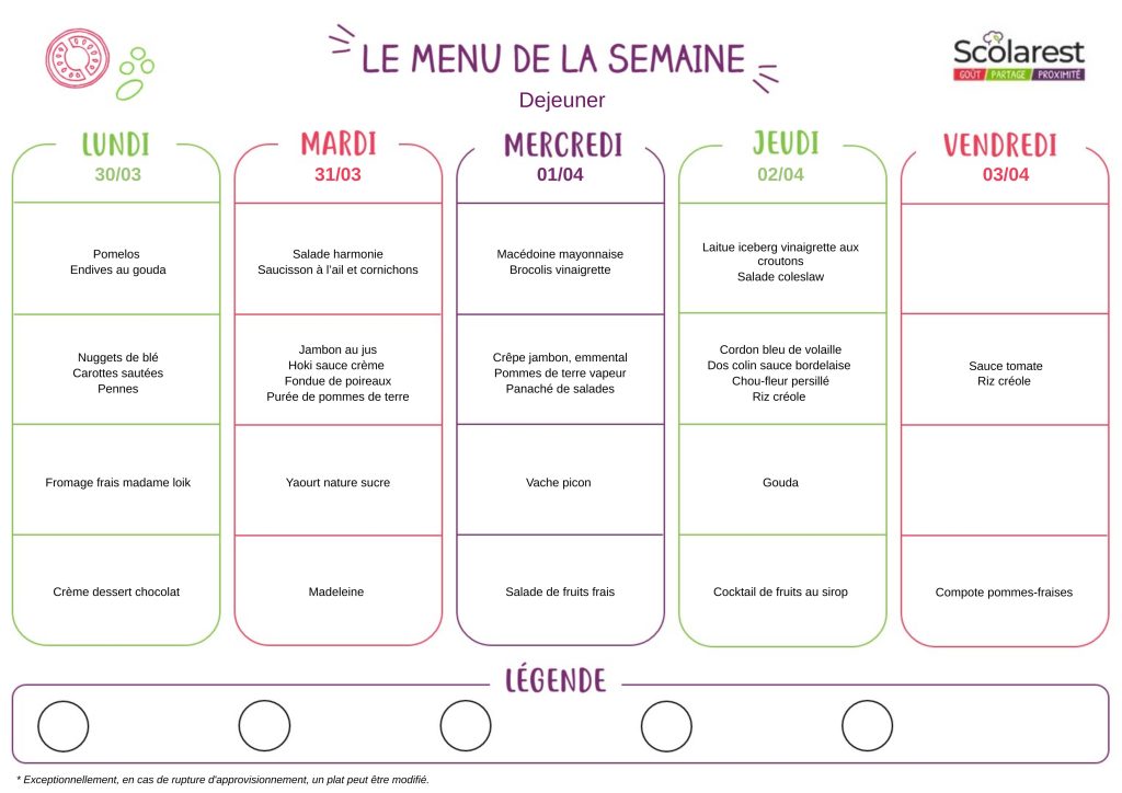 Menu Élémentaire et Collège du 30 mars au 3 avril
