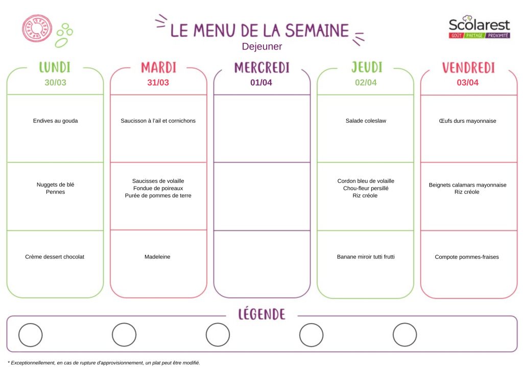 Menu Maternelle du 30 mars au 3 avril