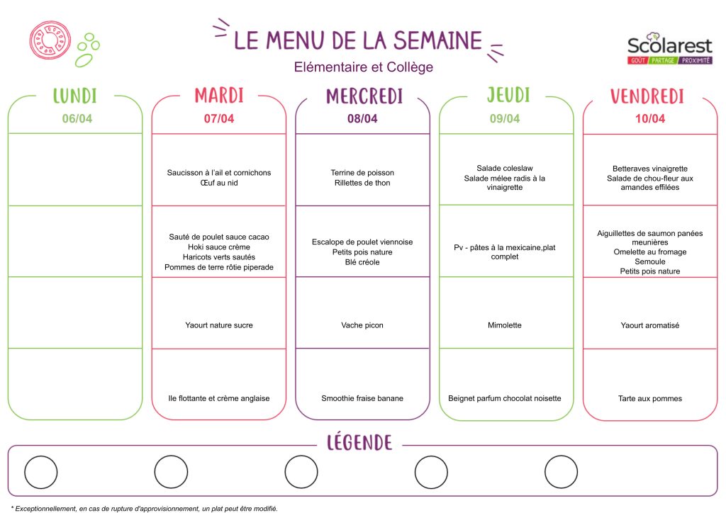 Menu élémentaire et collège du 6 au 10 avril 2026