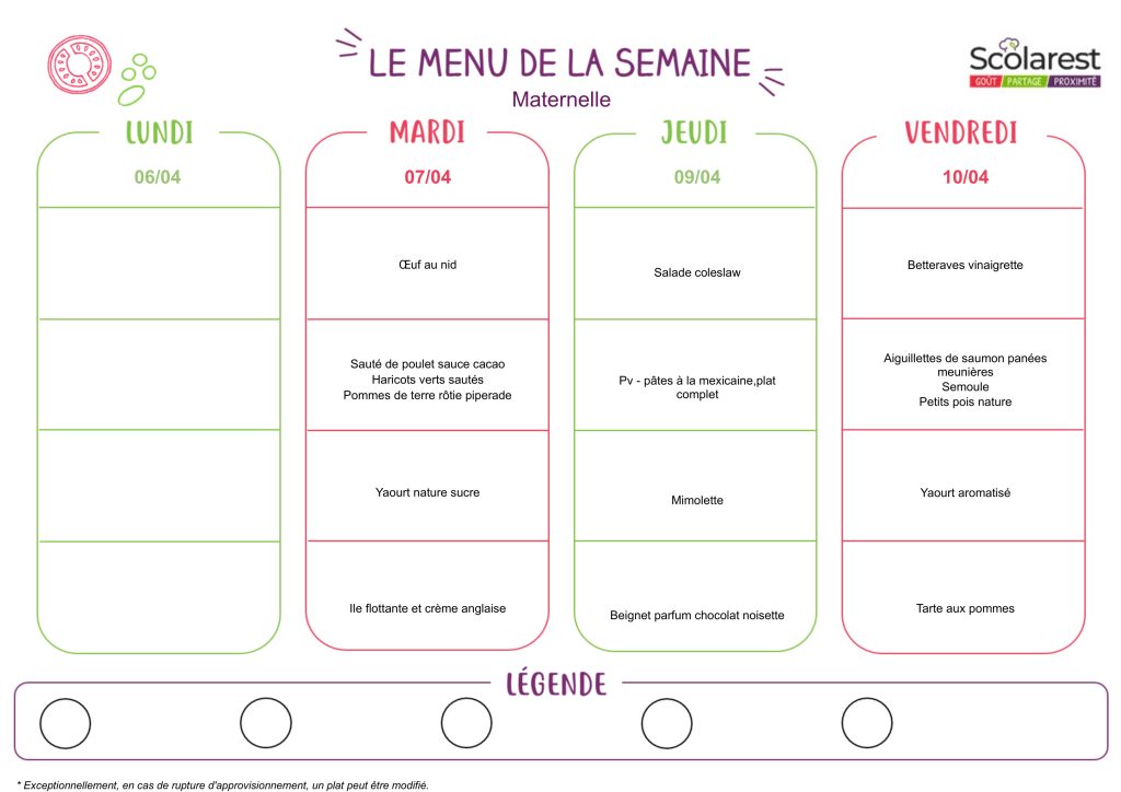 Menu maternelle du 6 au 10 avril 2026