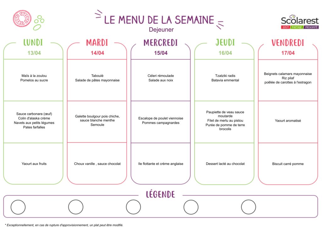 Menu élémentaire et collège du 13 au 17 avril 2026