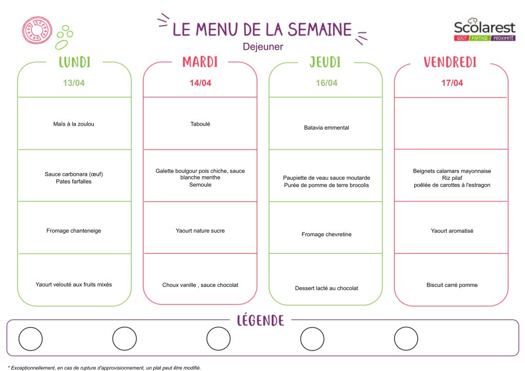 Menu maternelle du 13 au 17 avril 2026