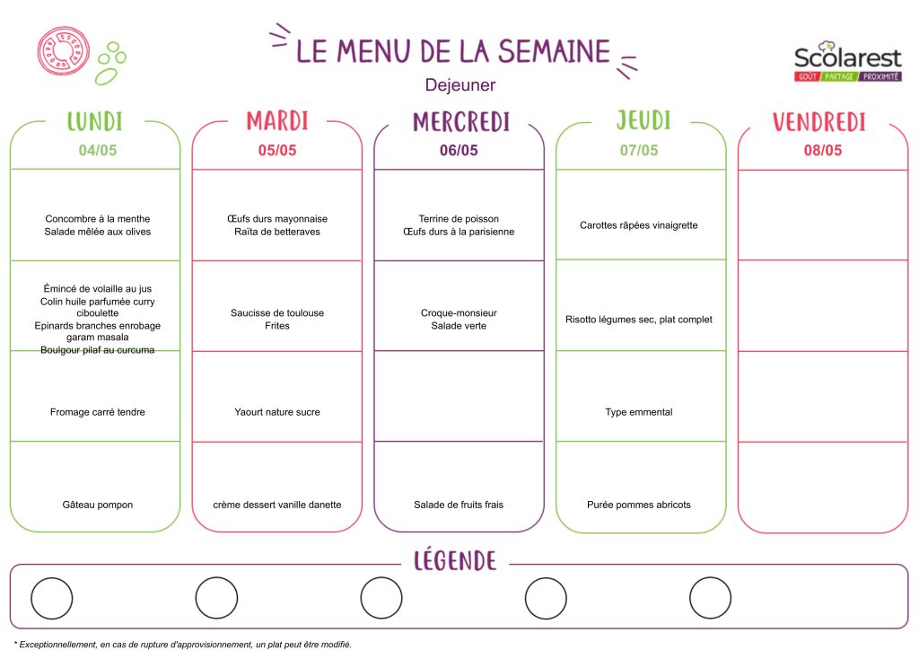 Menu élémentaire et collège du 4 au 8 mai 2026