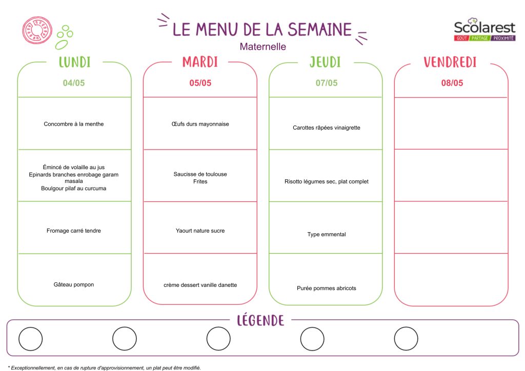 Menu maternelle du 4 au 8 mai 2026