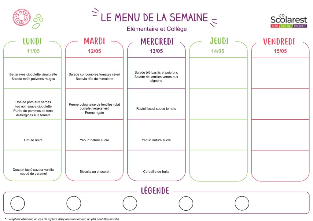 Menu élémentaire et collège du 11 au 15 mai 2026