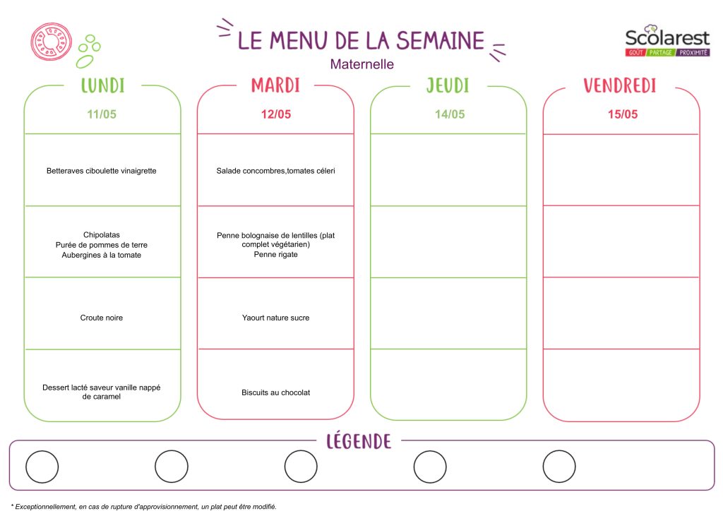 Menu maternelle du 11 au 15 mai 2026