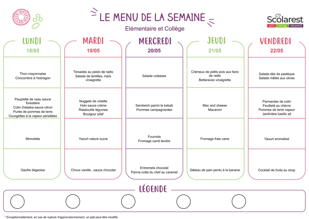 Menu élémentaire et collège du 18 au 22 mai 2026