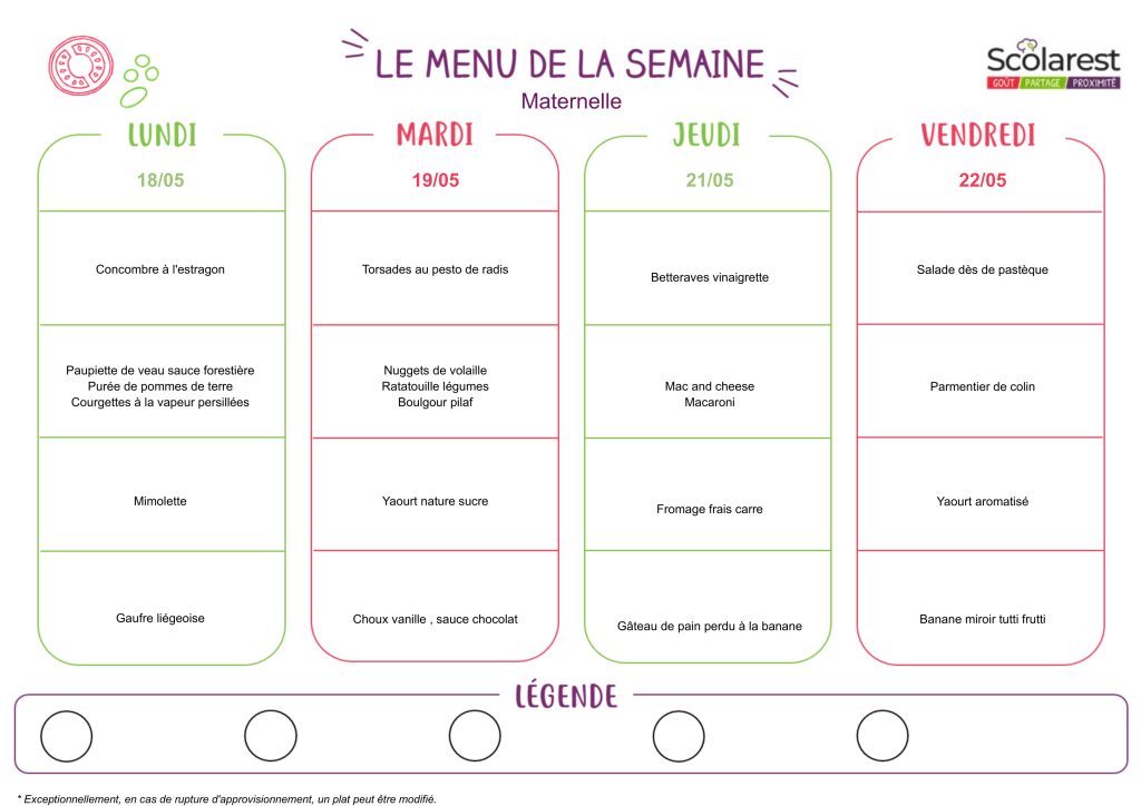 Menu maternelle du 18 au 22 mai 2026