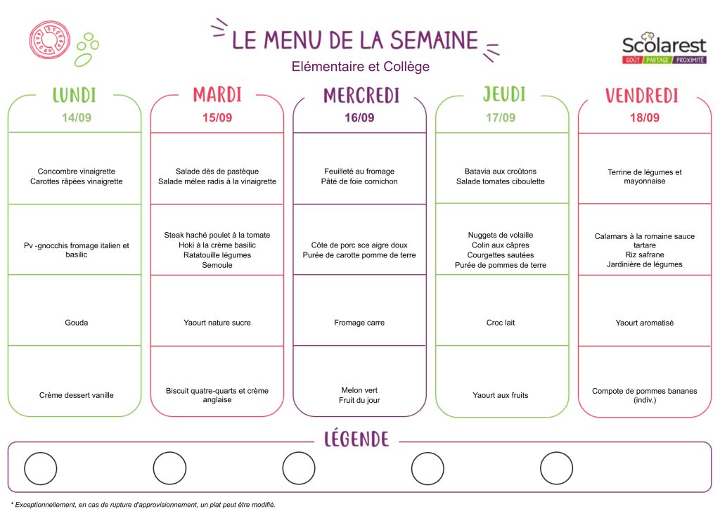 Menu du 14 au 18 septembre 2026